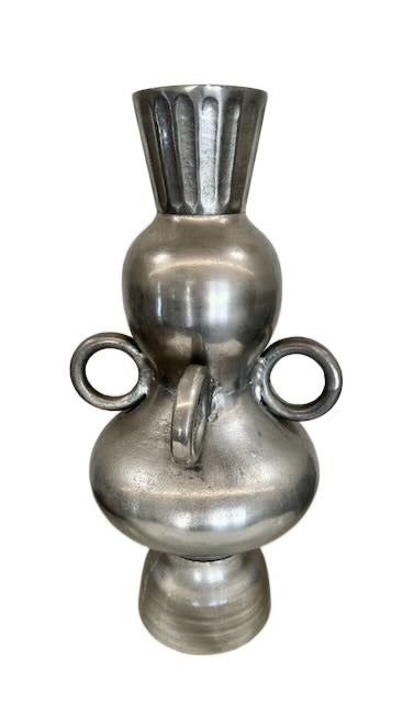 Silver Ribbed Metal Vase with Ring Handles