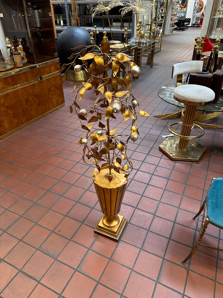 Gold Metal Tree Floor Sculpture with Silver Fruit in Fluted Planter