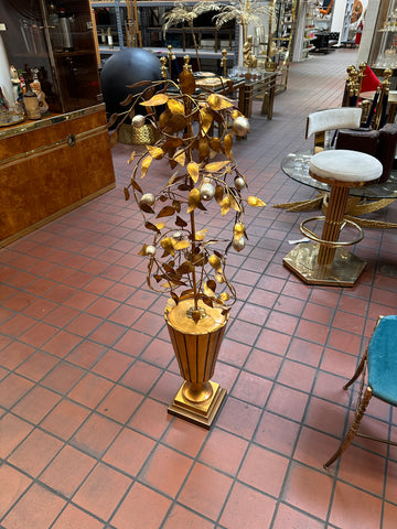 Gold Metal Tree Floor Sculpture with Silver Fruit in Fluted Planter