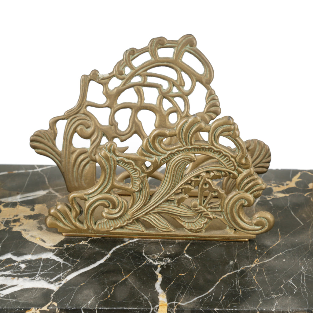 Black Marble & Brass Desk Inkwell Set with Letter Holder