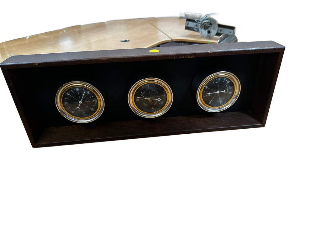Dark Brown Wood and Brass Triple Gauge Weather Station