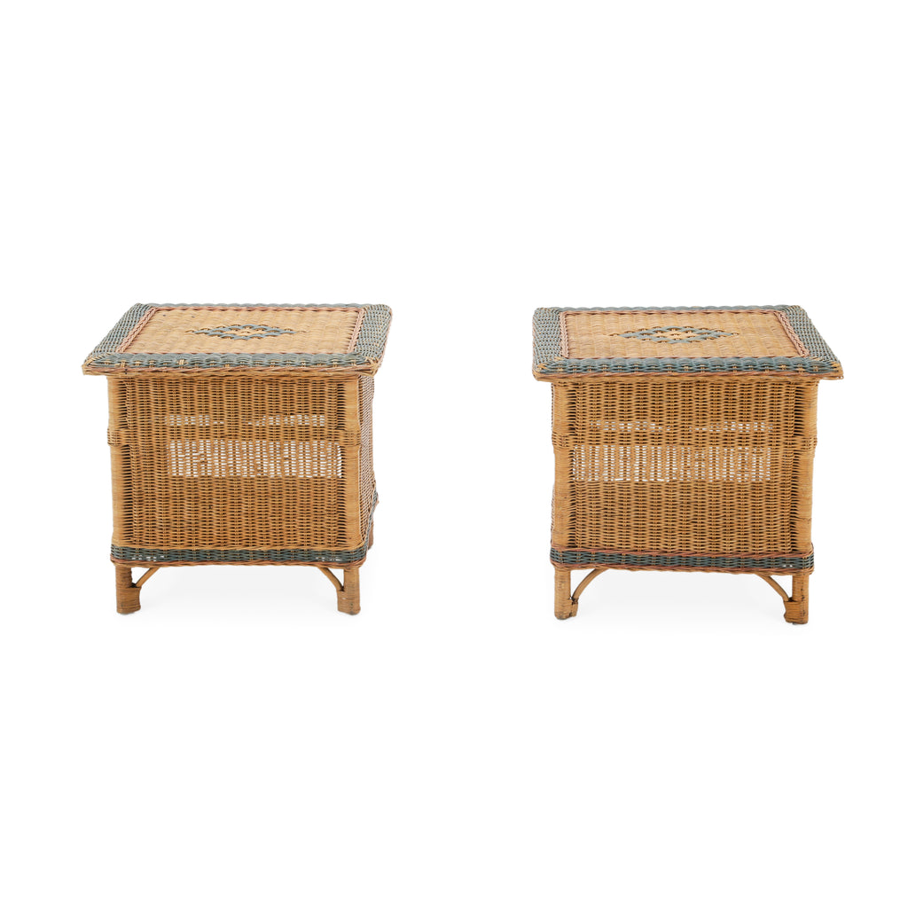 Rattan Square End Tables with Sage Green Accents