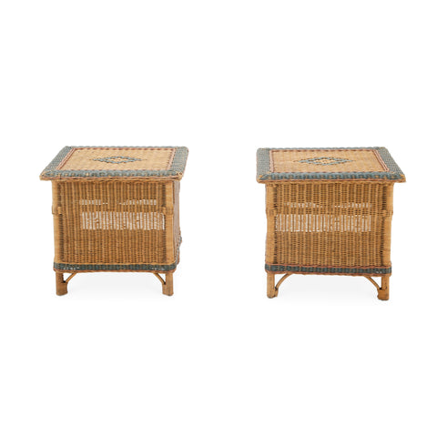 Rattan Square End Tables with Sage Green Accents