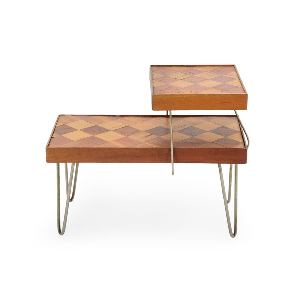 Modern Tiered Wood Inlaid End Tables with Hairpin Legs