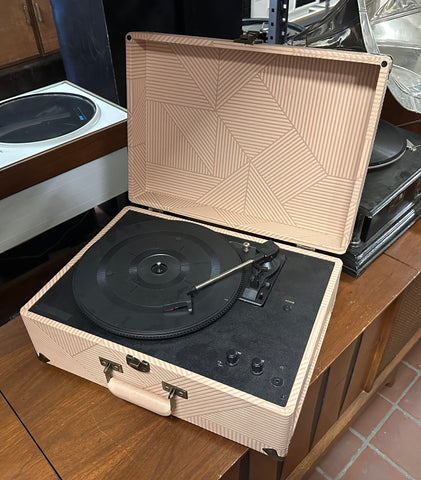 Beige Geometric Pattern Portable Suitcase Record Player