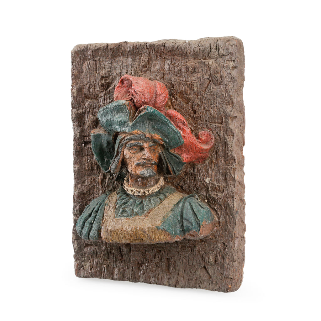 Rustic Carved & Painted Wood Bust Wall Hanging of a Man