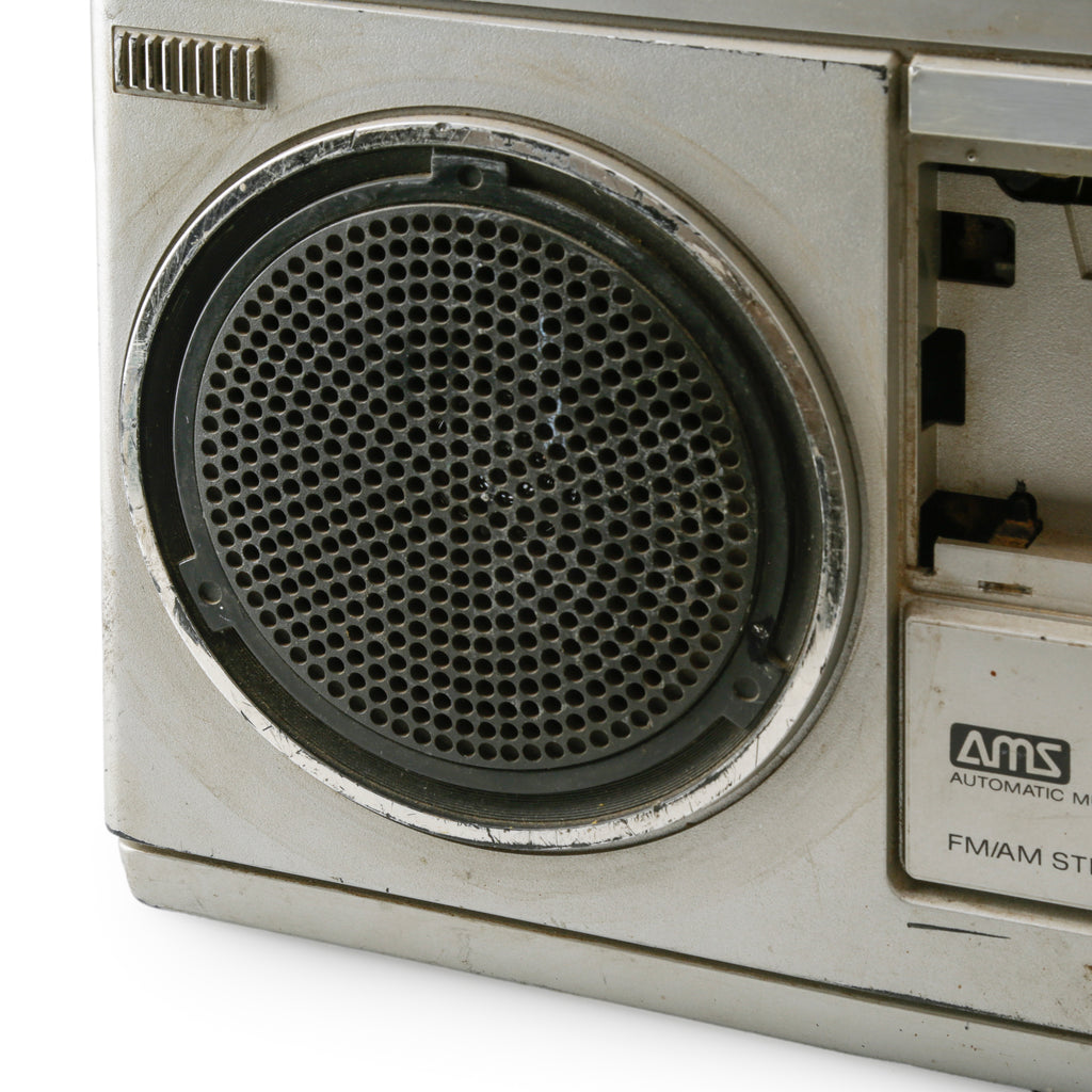 Silver Plastic and Metal Boombox with FM/AM Radio and Cassette Recorder