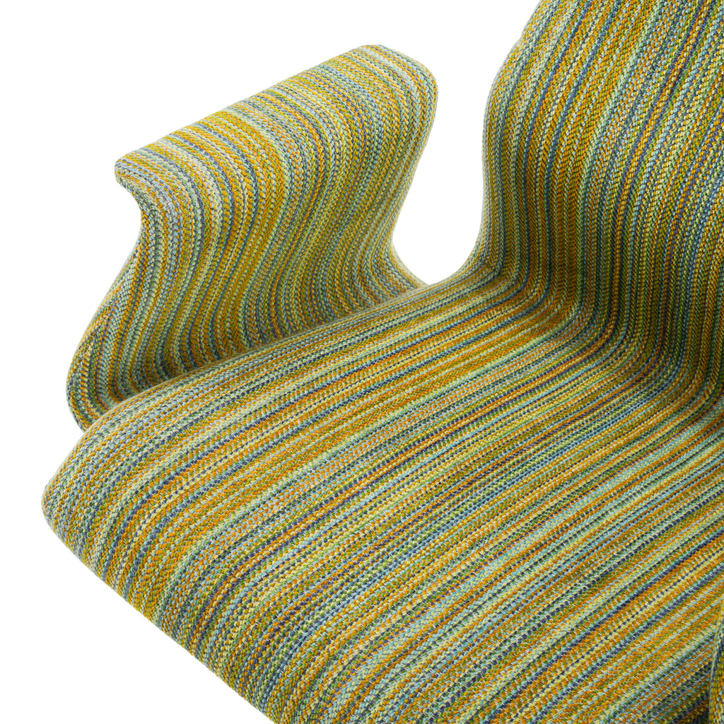 Mustard Yellow, Teal, and Gray Striped Upholstered High-Back Armchair