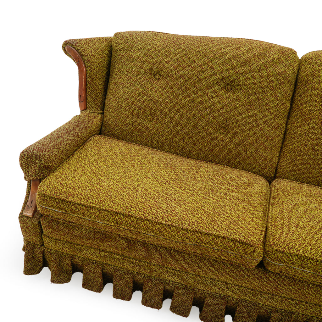 Vintage Olive Green & Brown Tweed Button-Tufted Loveseat Sofa