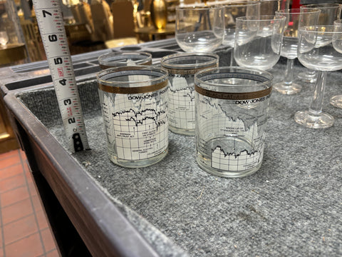 Vintage Clear Glass Dow Jones Industrial Average Chart Tumblers with Gold Rim