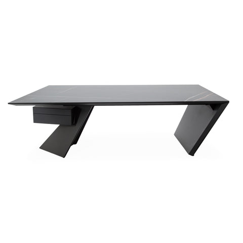 Modern Black Ceramic Top Coffee Table with Angled Metal Legs and Storage Drawer
