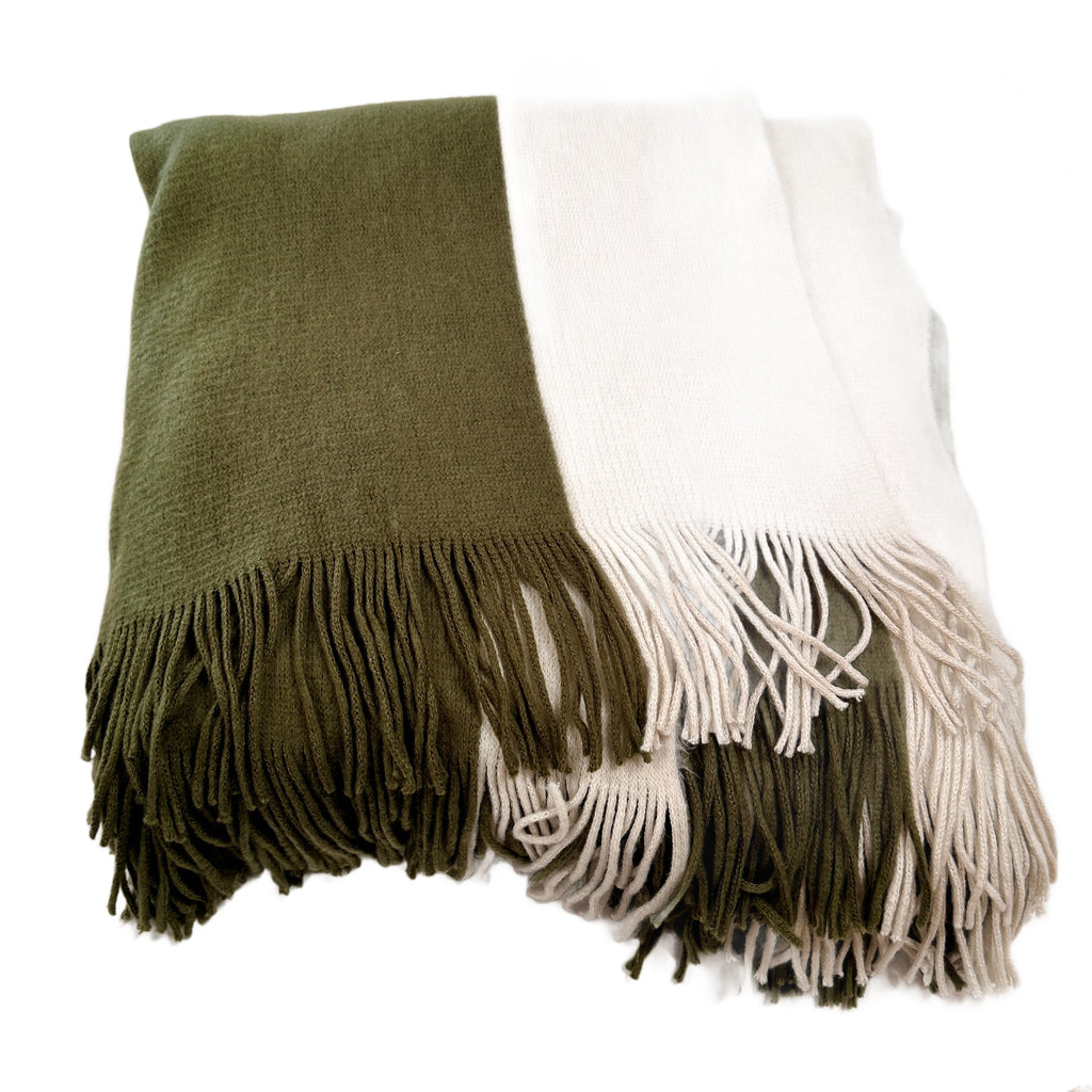 Olive Green and Cream Color Block Fringed Knit Throw Blanket