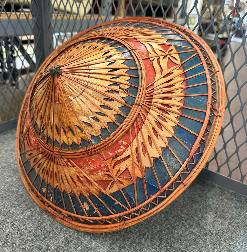 Distressed Painted Bamboo and Rattan Asian Conical Hat