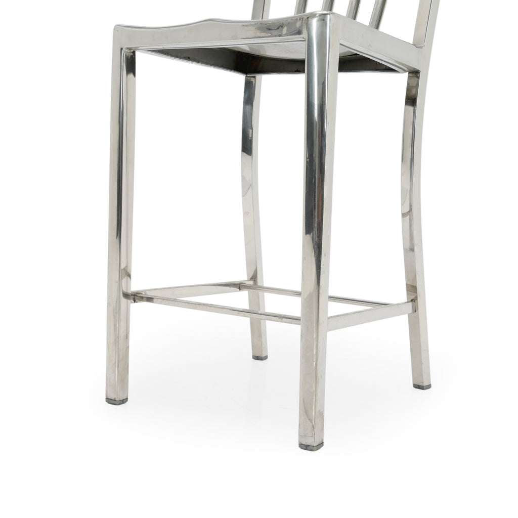 Shiny Silver Polished Aluminum Slat Back Bar Stool with Contoured Seat