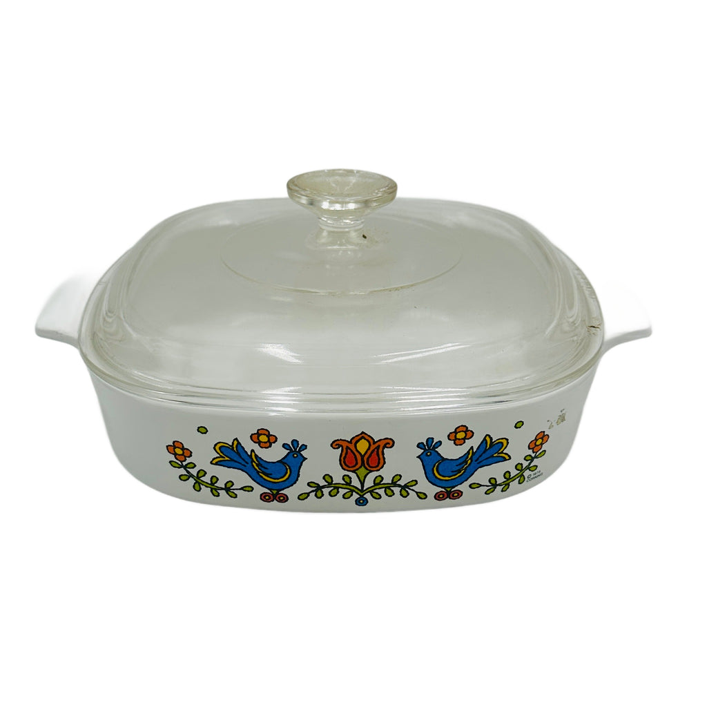 Vintage White CorningWare Casserole Dish with Blue Birds & Floral Pattern