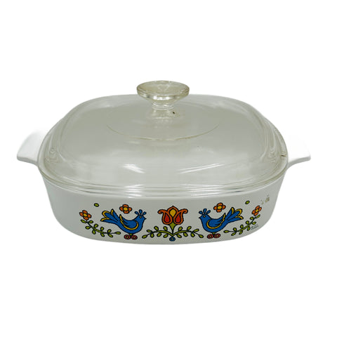 Vintage White CorningWare Casserole Dish with Blue Birds & Floral Pattern
