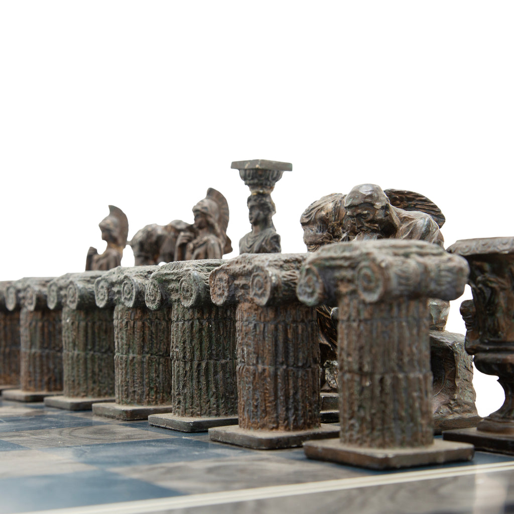 Classical Greek Themed Resin Chess Set with Blue and Gray Board