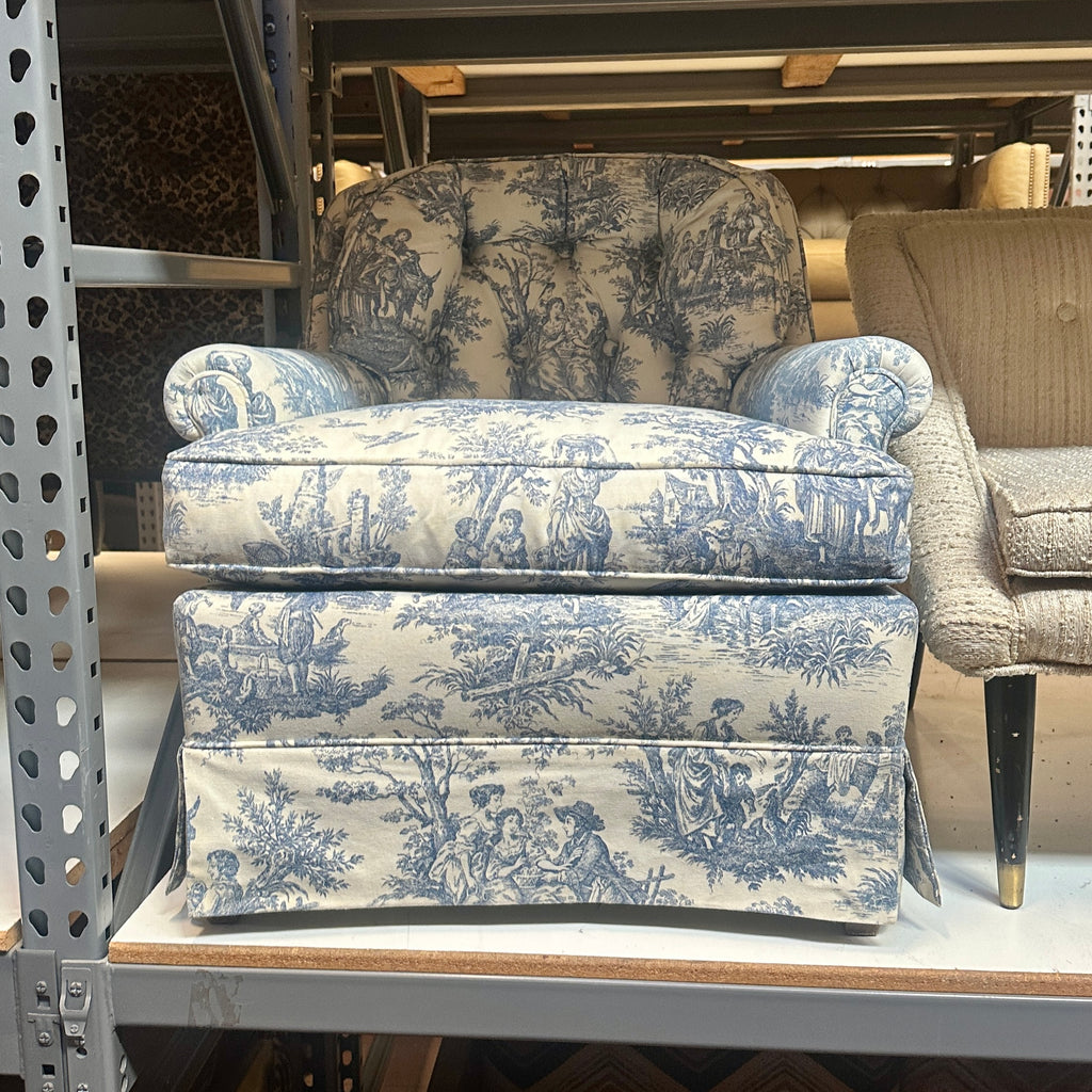 Blue and Blue Patterned Tufted Armchair