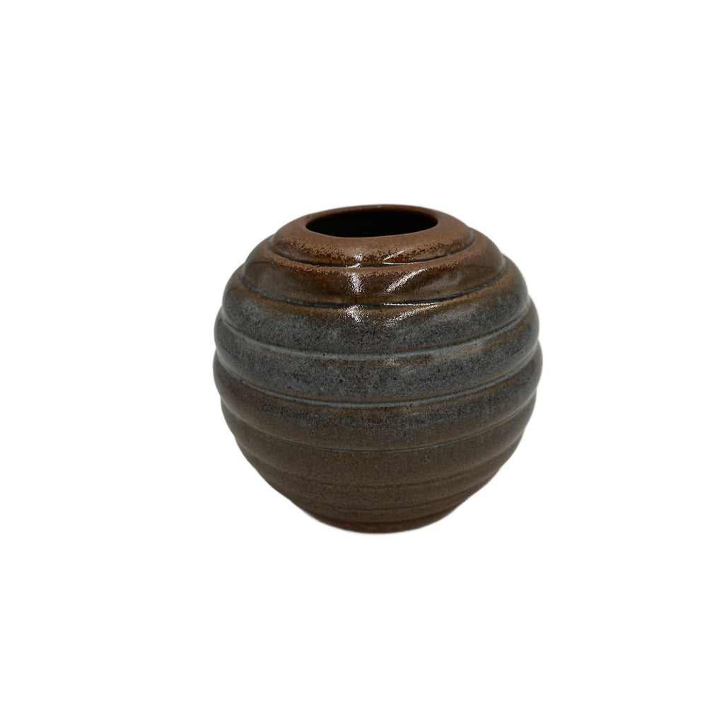 Dark Bronze and Grey-Blue Ribbed Ceramic Vase - ROUND