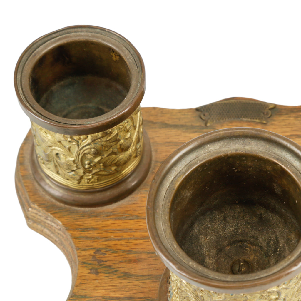 Ornate Brass & Wood Triple Inkwell Holder