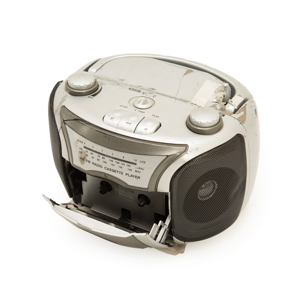 Distressed Silver Plastic AM/FM Radio Cassette Boombox