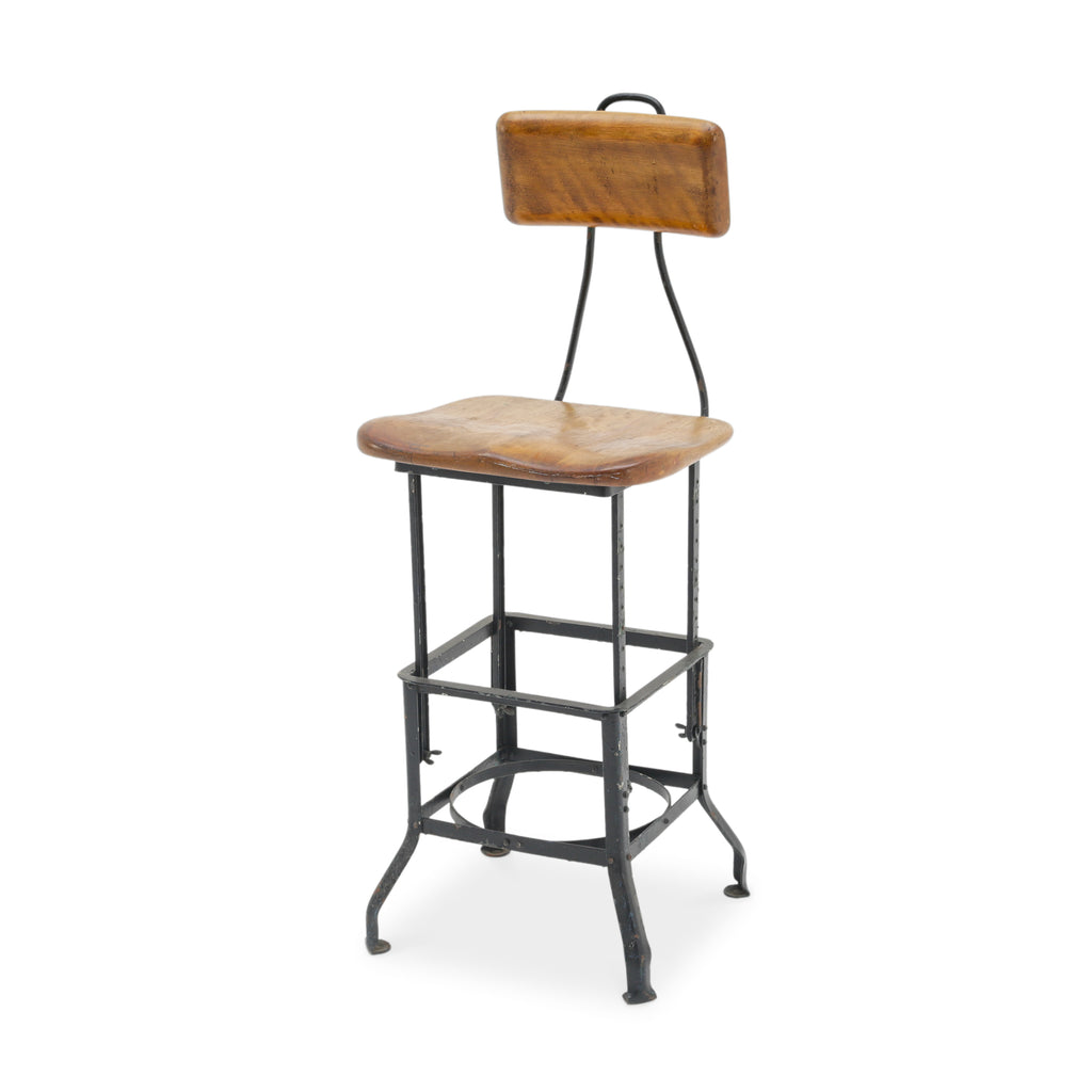 Industrial Adjustable Wood and Black Iron Bar Stool