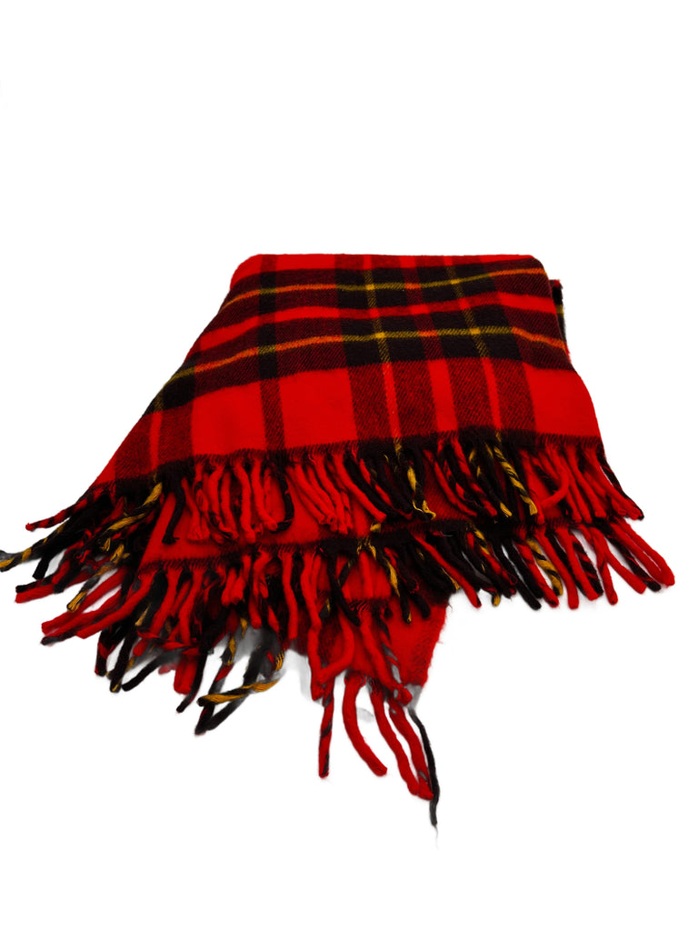 Red, Black, and Yellow Plaid Wool Blanket with Fringe