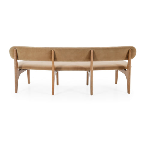 Tan Upholstered Curved Wood Dining Bench