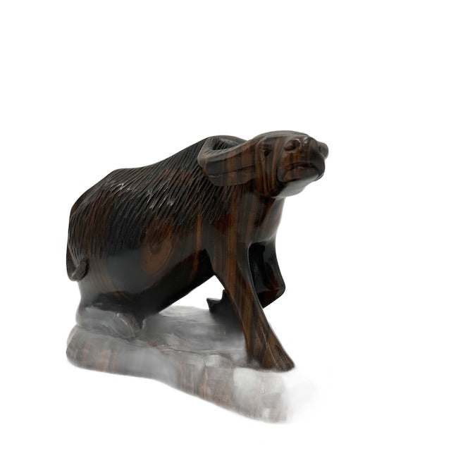 Dark Brown Carved Wood Buffalo Sculpture