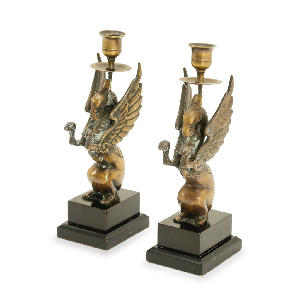 Set of Antique Bronze Griffin Candlestick Holders