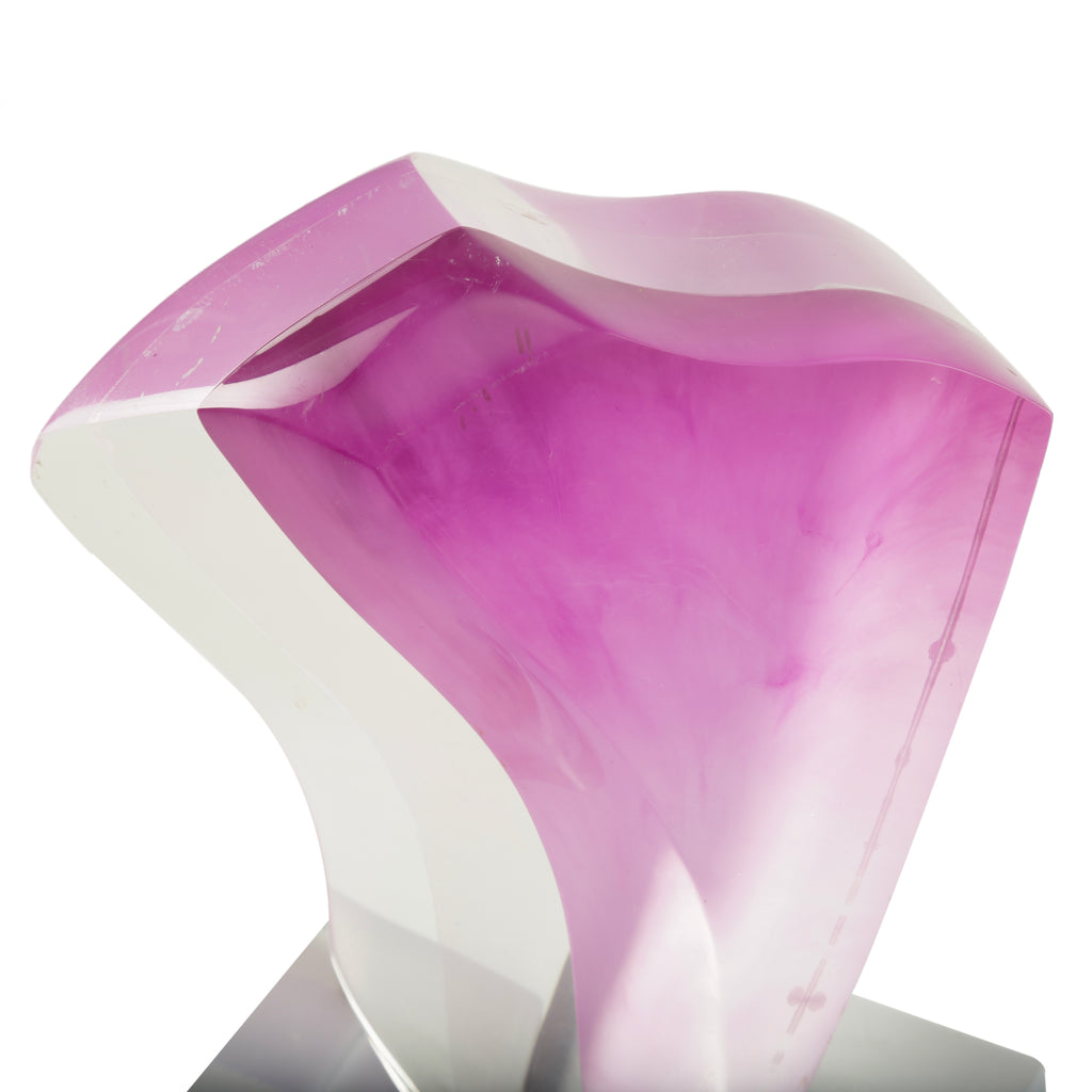 Clear Acrylic Abstract Sculpture with Magenta Ribbon Design