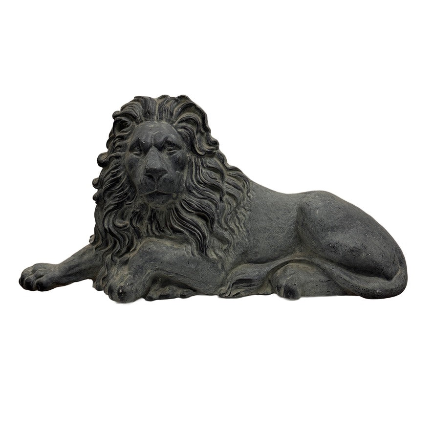 Distressed Dark Gray Concrete Reclining Lion Statue