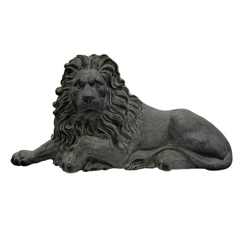 Distressed Dark Gray Concrete Reclining Lion Statue
