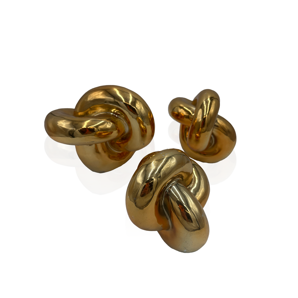 Set of Three Metallic Gold Ceramic Decorative Knot Sculptures