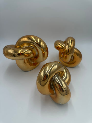 Set of Three Metallic Gold Ceramic Decorative Knot Sculptures