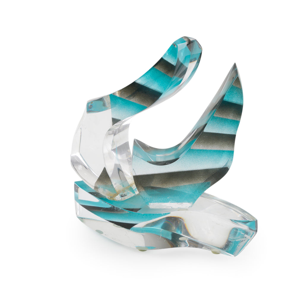 Abstract Clear Acrylic Wave Sculpture with Teal and Black Stripes