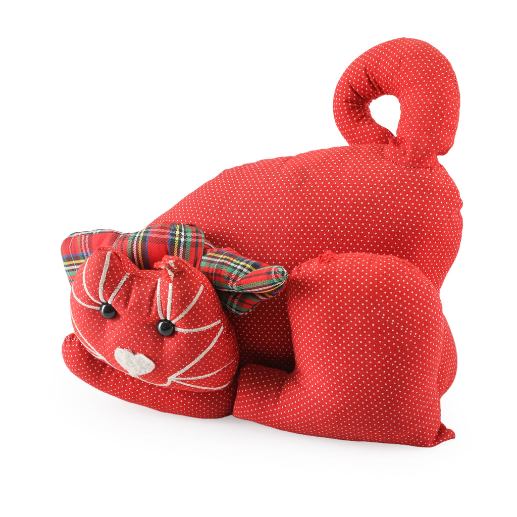 Red Polka Dot Fabric Cat-Shaped Doorstop