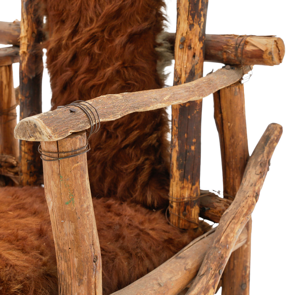Raw Wood Armchair with Brown Animal Hide Fur