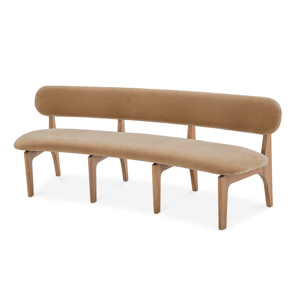 Tan Upholstered Curved Wood Dining Bench