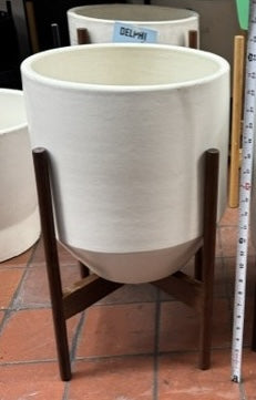 Case Study Large Ceramic White Planter with Wood Base