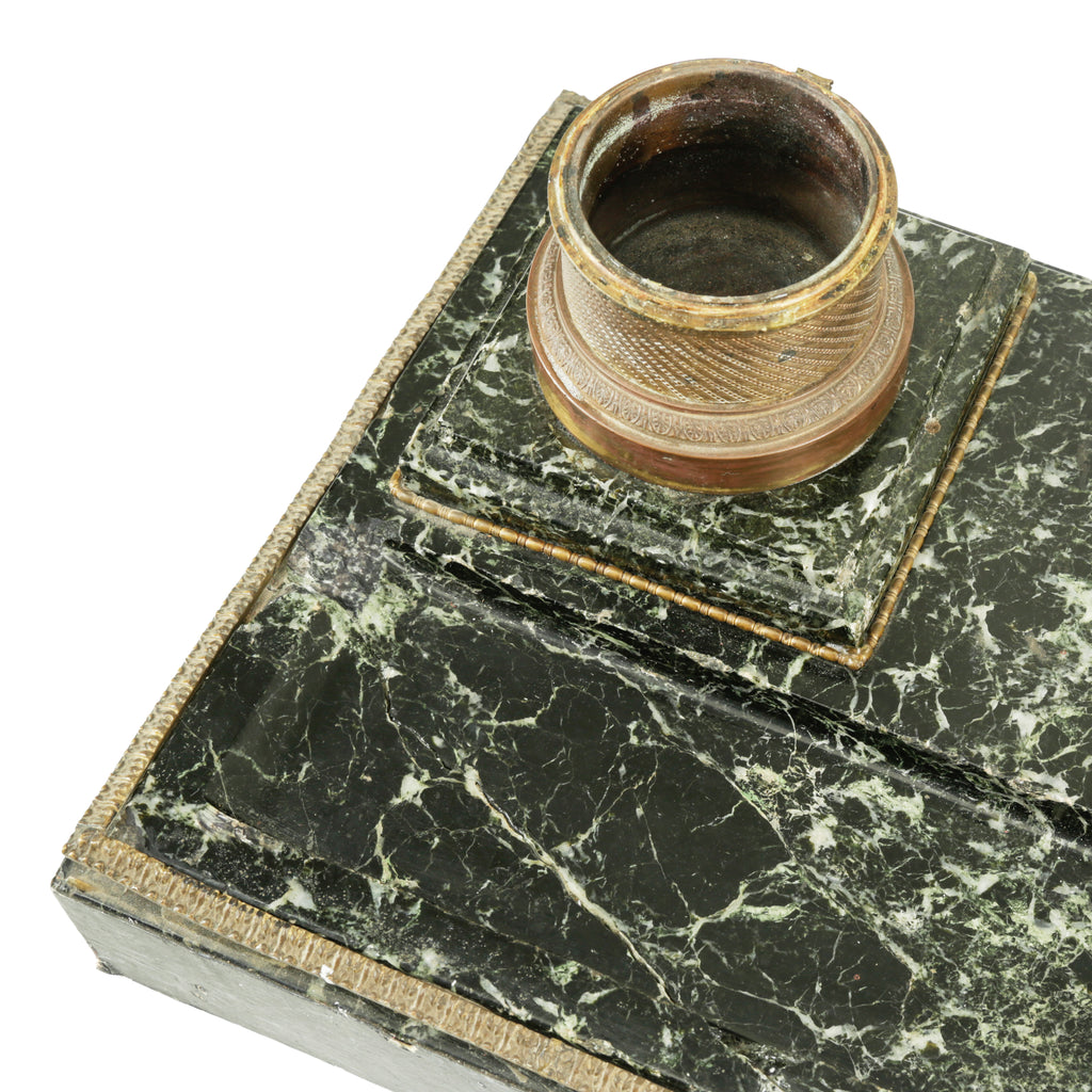 Dark Green Marble and Brass Double Inkwell Stand