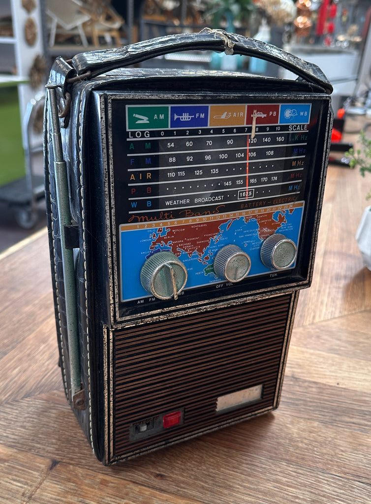Distressed Black Faux Alligator Leather Multi-Band Transistor Radio with World Map Dial