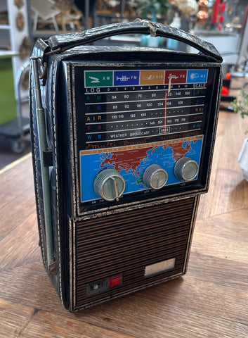 Distressed Black Faux Alligator Leather Multi-Band Transistor Radio with World Map Dial