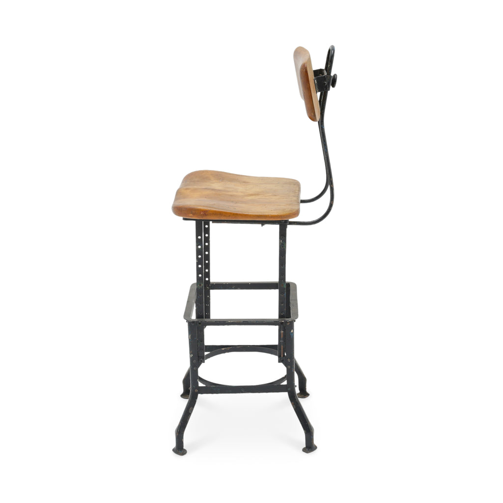 Industrial Adjustable Wood and Black Iron Bar Stool