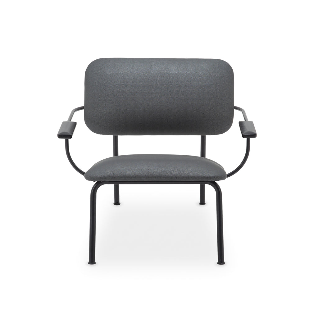 Dark Gray Upholstered Armchair with Black Metal Frame and Armrests