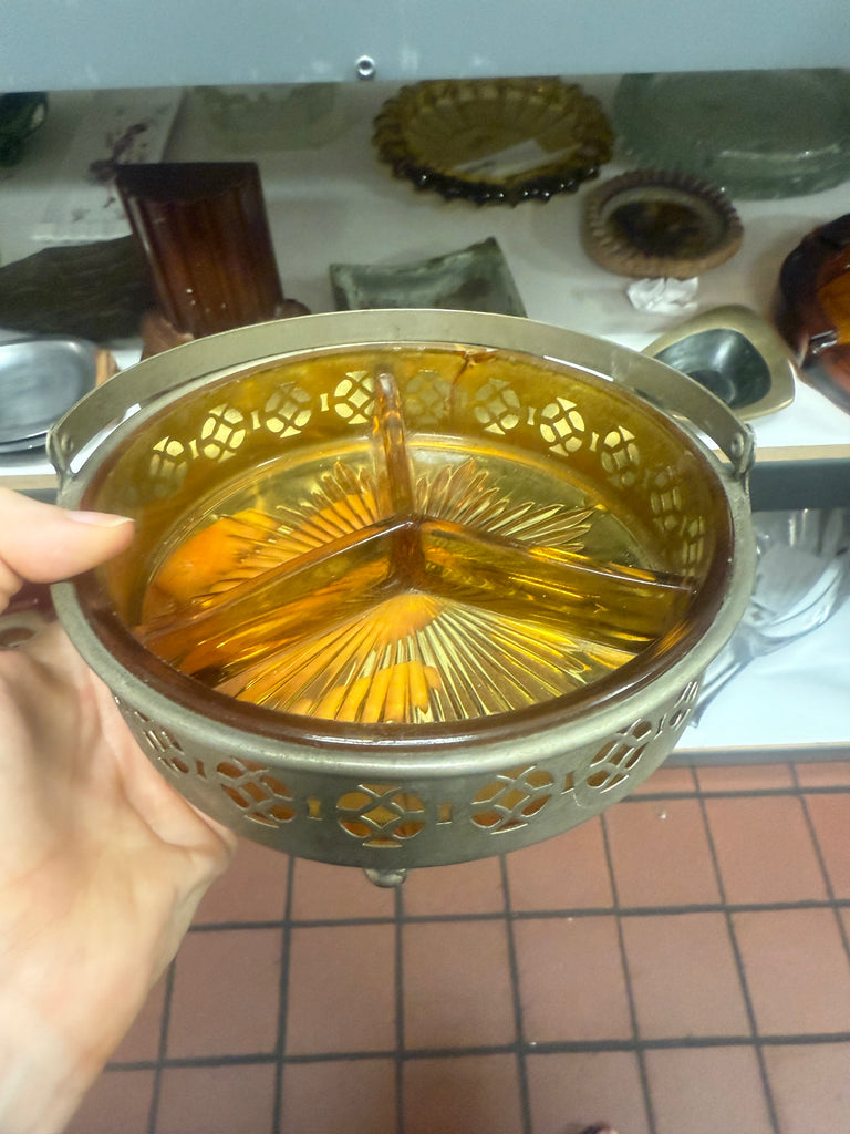Vintage Amber Glass Three-Section Divided Ashtray with Ornate Bronze-Toned Metal Holder