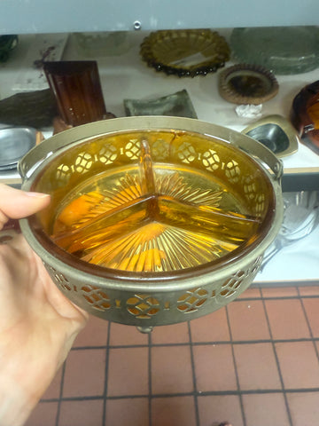 Vintage Amber Glass Three-Section Divided Ashtray with Ornate Bronze-Toned Metal Holder