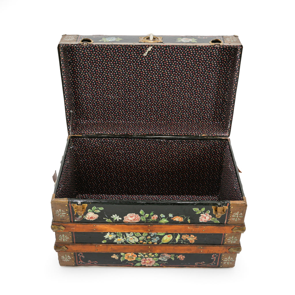 Black Wooden Trunk with Hand-Painted Floral Motifs and Brass Hardware
