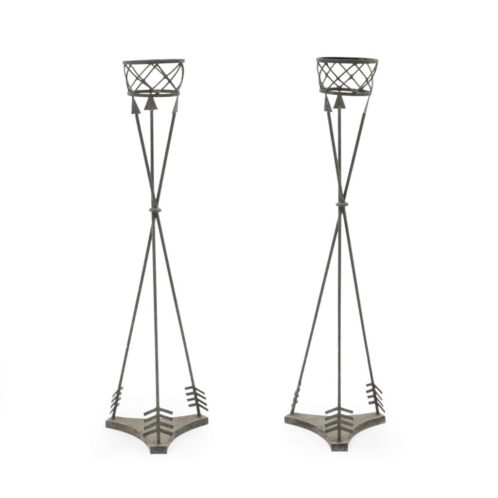 Pair of Distressed Iron Arrow Design Decorative Planter Stands