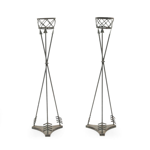 Pair of Distressed Iron Arrow Design Decorative Planter Stands